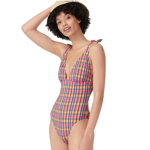 J. Crew | Pink Madras Plaid Tie-Shoulder V-Neck One-Piece Swimsuit (Size 16) - Picture 9 of 15